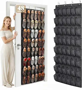 48 Pockets Over the Door Shoe Organizer, Fits Women's Shoes Up to US Size 9, 6-Column Heavy Duty Shoe Storage for Sneakers & Heels, Mesh Hanging Rack for Entryway, Bedroom & Dorm, Black