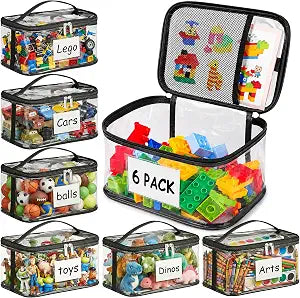 Clear Storage Bags, 6 Pack - Zippered Small Organizers For Toys, Puzzles, Blocks, Craft Supplies, Durable Puzzle Zipper Case Containers for Organizing, Travel, Seasonal, Kids Room Bag Organizer