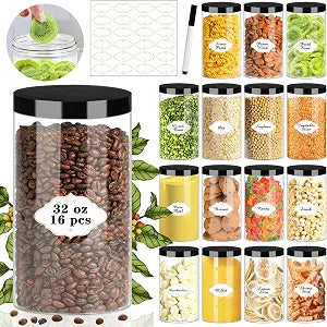 PeacePeo 32 OZ Plastic Jars with Lids, 16 Pcs Food Storage Containers