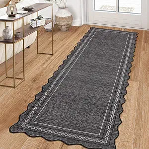 Garvee Scalloped Washable Rugs for Entryway 2x8 Runner Rug Non Slip Kitchen Rugs Indoor Modern Long Bathroom Rug Low Pile Stain Resistant Carpet for Bedroom Hallway Laundry Living Room 2'x8' Dark Grey