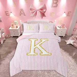 jejeloiu Initial Letter K Comforter Set Striped Bedding Set Twin Size