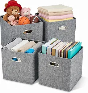 12x12 Gray Fabric Storage Cubes, 4 Pack  Foldable Linen-Look Cube Organizer Bins with Handles, Collapsible Cubby Baskets for Closet, Shelves, Nursery, Dorm Room & Kallax-Style Storage