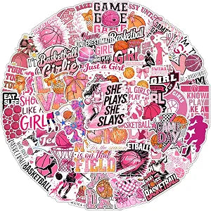 50PCS Basketball Stickers, Basketball Pink Stickers for Girls Teens Kids, Women Basketball Girl Sticker, Girly Sport Decal, Motivational Hoops Sticker for Laptop Water Bottle Phone