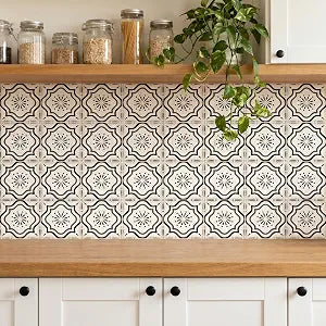 16 Pack, 5.9x5.9 Inch Black Moroccan Vinyl Decals, Mediterranean Peel and Stick Wall Stickers, Removable Decorative Decals for Kitchen, Bathroom, Stairs & Furniture