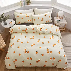 LAMEJOR Duvet Cover Set Queen Size Orange Tangerine Fruit Pattern Luxury Soft Bedding Set Comforter Cover (1 Duvet Cover+3 Pillowcases) Off-White