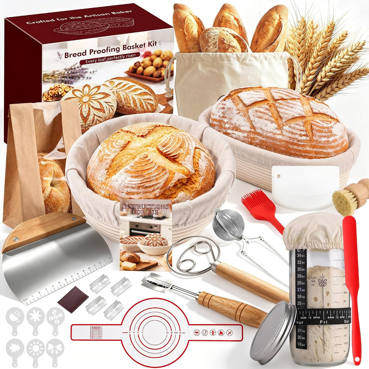 Sourdough Starter Kit with Banneton Bread Proofing Baskets & Tools