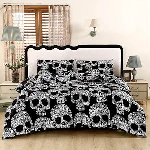 SDIII Sugar Skull Comforter Set Queen 3 Pieces, Soft Microfiber Lightweight Skull Comforter Queen, Goth Bedding Set for Kids Teens and Skeleton Lovers