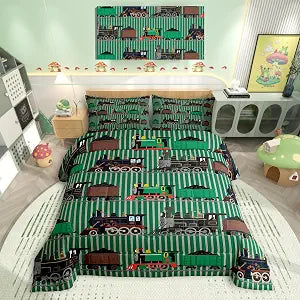 Train Kids Comforter Twin,Retro Steam Engine Boys Bedding Set Teens Youth Bedroom Decor,Cartoon Car Track Child Room Decor Reversible Quilt Sets,Retro Steam Locomotive Train Comforter,2Pcs