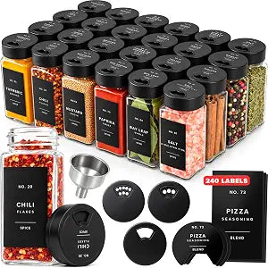 EDELHAUS Glass Spice Jars with Label and Black Sprinkle Lids (24 x 4oz)