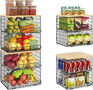 4 Pack Stackable Wire Baskets for Pantry Organizers and Storage, Pantry Baskets with Fixed Wooden Top, Fruit and Vegetable Storage Bins for Organizing Onion Potato Snack for Kitchen Cabinet/Countertop