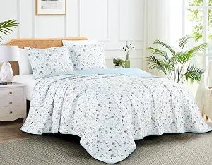 Chezmoi Collection Fran 3-Piece Floral Quilt Set Queen - Blue White Poppy Floral Watercolor Printed Microfiber Lightweight Bedspread Set for All Season