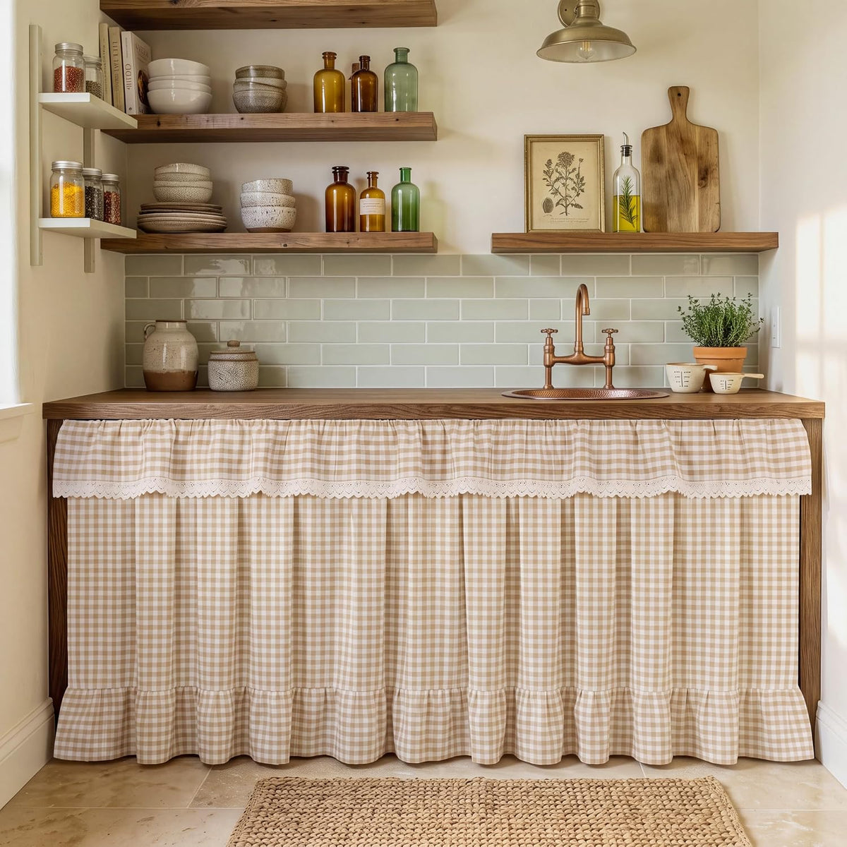 Panelee Gingham Sink Skirt for Bathroom, 28" x 51" Ruffle Cabinet Curtain