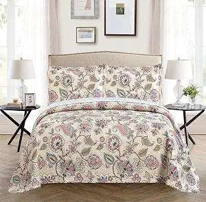 All American Collection 2 Piece New Printed Modern Floral Bedspread Coverlet, Twin, Beige