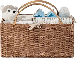 HBlife Large Baby Diaper Caddy Organizer, Paper Rope Storage Baskets Nursery Bin with Removable Divider, Portable Car Organizer for Diapers, Baby Shower Gifts, Newborn Essentials Must Haves