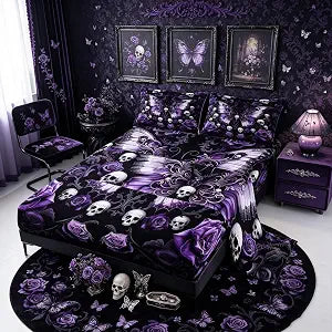 Feelyou Bat Bed Sheets Set King Size Halloween Themed Deep Pocket Fitted Sheet Goth Bedding Sets Gothic Soft Bed Set 4Pcs with 2 Pillow Cases White Purple