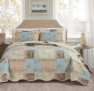 Masterplay 3-Piece Fine Printed Oversize (100''x95'') Quilt Set, Bedspread Coverlet Queen Size Bed Cover (Light Blue, Beige, Brown Floral), Oversize Queen