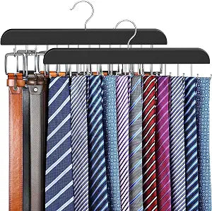 2 Pack Tie Rack & Belt Hanger for Closet Organization, Wooden Tie Organizer