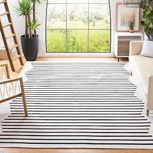 SAFAVIEH Montauk Collection Area Rug - 4' Square, Ivory & Black, Handmade Flat Weave Boho Farmhouse Cotton Modern Stripe, Ideal for High Traffic Areas in Living Room, Bedroom (MTK313A)