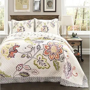 Lush Decor Aster Quilt Flower Pattern Reversible 3 Piece Lightweight Bedding Set, Coral & Navy, Full/Queen