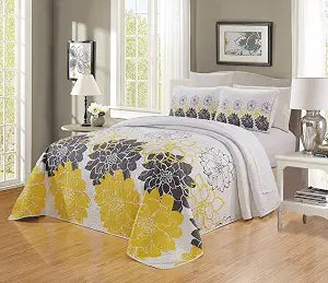 3-Piece Fine printed Oversize (115" X 95") Quilt Set Reversible Bedspread Coverlet (California) CAL KING SIZE Bed Cover (Sunshine Yellow, White, Grey Floral)