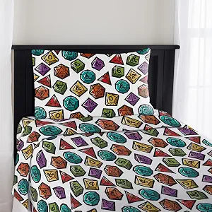 Ashford Textiles Dungeons & Dragons Funny D20 Twin Sheet Set, Lightweight Microfiber Bedding Featuring Dice Pattern, Includes Fitted Sheet, Flat Sheet, and Pillowcases