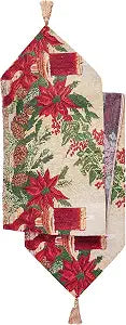 Violet Linen Decorative Christmas Poinsettias Candles Design Tapestry, 13" X 70" Table Runner