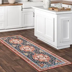 nuLOOM Splashguard Hera Blue/Brick, 2'6" x 8', Traditional, Soft and Cozy, High Traffic, Stain Resistant, Easy Clean, Durable, Machine Washable Runner for Bedroom, Living Room, Dining, Den, Foyer
