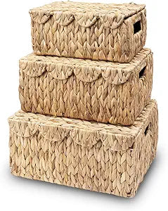 Set of 3 Rectangle Scalloped Edge Wicker Storage Basket with Lid
