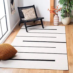 SAFAVIEH Montauk Collection Area Rug - 4' Square, Ivory & Black, Handmade Flat Weave Boho Farmhouse Cotton Modern Stripe, Ideal for High Traffic Areas in Living Room, Bedroom (MTK311A)