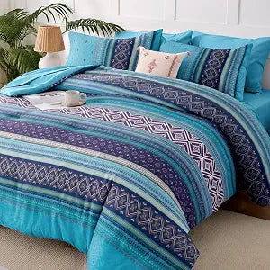 JOLLYVOGUE Boho Comforter Set Queen 7-Piece, Bed in a Bag Bohemian Striped Bedding Set, All Seasons Comforter Bed Set with Sheets, Pillowcases & Shams, Boho Turquoise