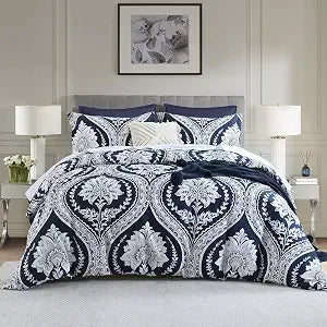 Damask Duvet Cover Set Queen Size, Navy Blue, 100% Cotton, 90"x90"