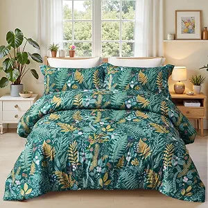 Queen Comforter Set - 3 Pieces Botanical Bedding Comforter Set, 1 Soft Dark Green Plant Flowers Comforter (90"x90") and 2 Pillow Shams(20"x26") Ultra-Soft Comfort Suitable for All Seasons