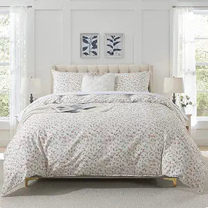 HoneiLife Duvet Cover Queen Size - Cotton Comforter Cover Floral Duvet Cover Sets 3-PC, Soft & Breathable Duvet Cover with Zipper Closure & Corner Ties, Wildflower Comforter Cover Sets, Red Bean