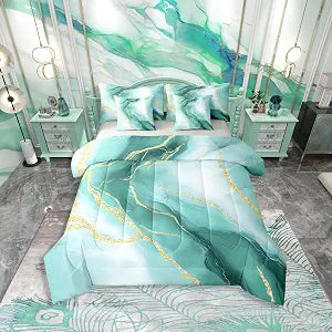 Erosebridal Green Marble Bedding Set Queen Modern Gradient Texture Comforter Set 7 Piece Watercolor Marbling Aesthetics Bed in A Bag Gold Tie Dye Luxury Metallic Fluid Quilt with Flat Fitted Sheet