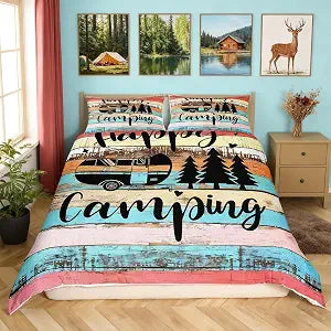 RV Camper Comforter Cover Queen Size,Happy Camping Wild Adventure Duvet Cover for Teenagers Bedroom Decor,Farmhouse Style Wood Barn Bedding Set 3 Piece with Zipper Closure,Colorful,No Comforter