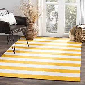SAFAVIEH Montauk Collection Area Rug - 4' Square, Yellow & Ivory, Handmade Flatweave Cotton, Woven Texture, Farmhouse Stripe Pattern, Ideal for Living Room, Bedroom, Dining Space (MTK712A)