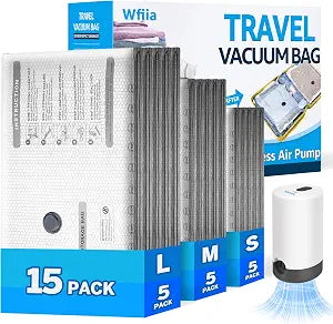 15 Packs Vacuum Bags for Travel with Rechargeable Pump, 3 Sizes Heavy Duty Vacuum Seal Bags for Clothing, Compression Vacuum Travel Bags for Luggage, Vacuum Packing Bags for Closet Organization