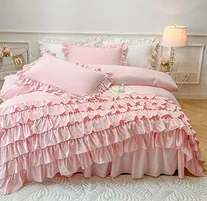 MOOWOO Waterfall Ruffle Duvet Cover Queen,Light Pink 3 Piece Shabby Chic Bedding Solid Color Soft and Breathable with Zipper Closure & Corner Ties