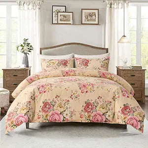 HSKIKWN Vintage Floral Comforter Set Queen Garden Yellow Flower Duvet Cover Full 90"x 90" Duvet Cover and 2 Pillow Shams Microfiber Soft Lightweight 3 Pieces Farmhouse Bedding Set