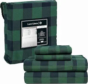 LANE LINEN Cotton Flannel Sheets Full Size - Brushed for Extra Softness - Durable Full Size 100% Cotton Sheets Set - Warm & Cozy Flannel Cotton Bed Sheets, 15" Deep Pocket - Buffalo Checks Green