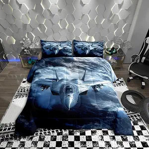 3D Airplane Kids Comforter Set Twin,Fighter Aircraft Boys Men Bedding Set,Boys Teens Men Room Decor,Airplane Flying on The Sea Surface Comforter,Military Aircraft Duvet Insert,1 Pillowcase