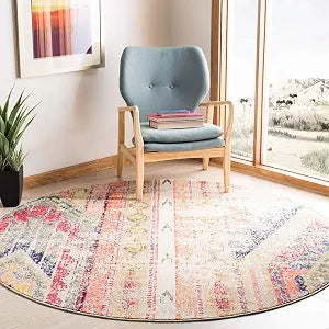 SAFAVIEH Madison Collection 3' Round Grey/Orange MAD422G Boho Chic Tribal Distressed Non-Shedding Dining Room Entryway Foyer Living Room Bedroom Area Rug
