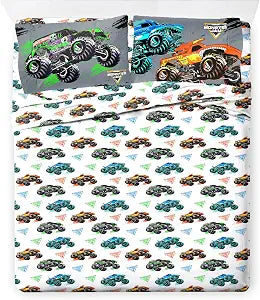 Jay Franco Kids Sheet Set with Fitted, Flat Sheets & Pillow Cover - Ultra-Soft Bedding with Pillowcase for Room Decor, White - Monster Jam, 4 Piece Queen