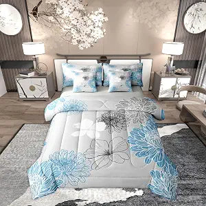 Erosebridal Flowers Aesthetic Blue Grey Comforter Set Queen Size 7 Pieces