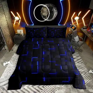 Erosebridal Royal Blue Black Queen Comforter Set,3D Geometric Checkered Bedding Sets,Neon Gaming Gamer Quilt Bed Set,Abstract Cube Bedroom Decor for Kids Teen Adults,2 Pillowcases