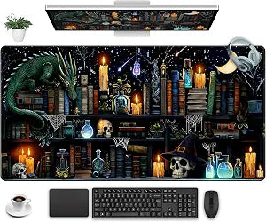 Black Desk Mat Gaming Desk Pad Large Mouse Pad, Mysterious Library Mouse Mat XXL Laptop Keyboard Pad, Vintage Gamer Mouse Pad Full Desk Mousepads Cool Office Desk Accessories 31.5"x15.7"