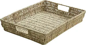 Handwoven Seagrassh 13" Round Tray with Handles, Decorative Serving Tray for Coffee Table, Dining Room, Living Room, Ottoman
