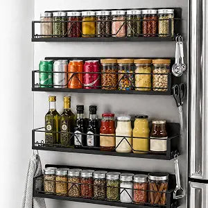 Magnetic Spice Rack for Refrigerator & Oven, 4 Pack XL Heavy Duty Magnetic Shelf for Fridge with Hooks, No Drill Rust Proof Shelves for Washer and Dryer, Sleek fridge magnet organizer