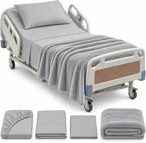 Hospital Bed Sheets Set 4 Piece ��� 36��80 Fitted Sheet, Flat Sheet, Pillowcase & Blanket for Home Care & Adjustable Beds(Gray)