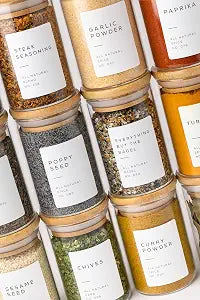 Bloomondo Glass Spice Jars with Label Pack (12x Bamboo Lid Glass Jar) Small 6oz Empty Spice Storage Bottles with 112 Printed Stickers and 48 Writable Pantry Labels for Seasoning Containers